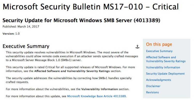 Microsoft Security Bulletin MS17-010