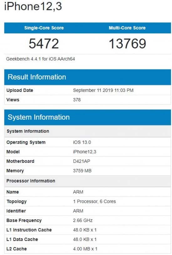 Geekbench iPhone 11 Pro RAM 4 GB