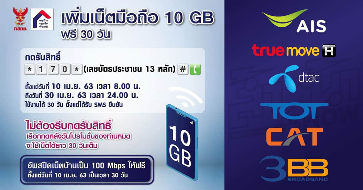 เน็ตมือถือ 10GB ฟรี อัพสปีดเน็ตบ้านเป็น 100Mbps ฟรี 30 วัน AIS True Dtac TOT CAT 3BB