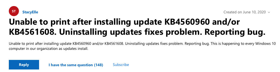 Windows 10 update Printer bug issue