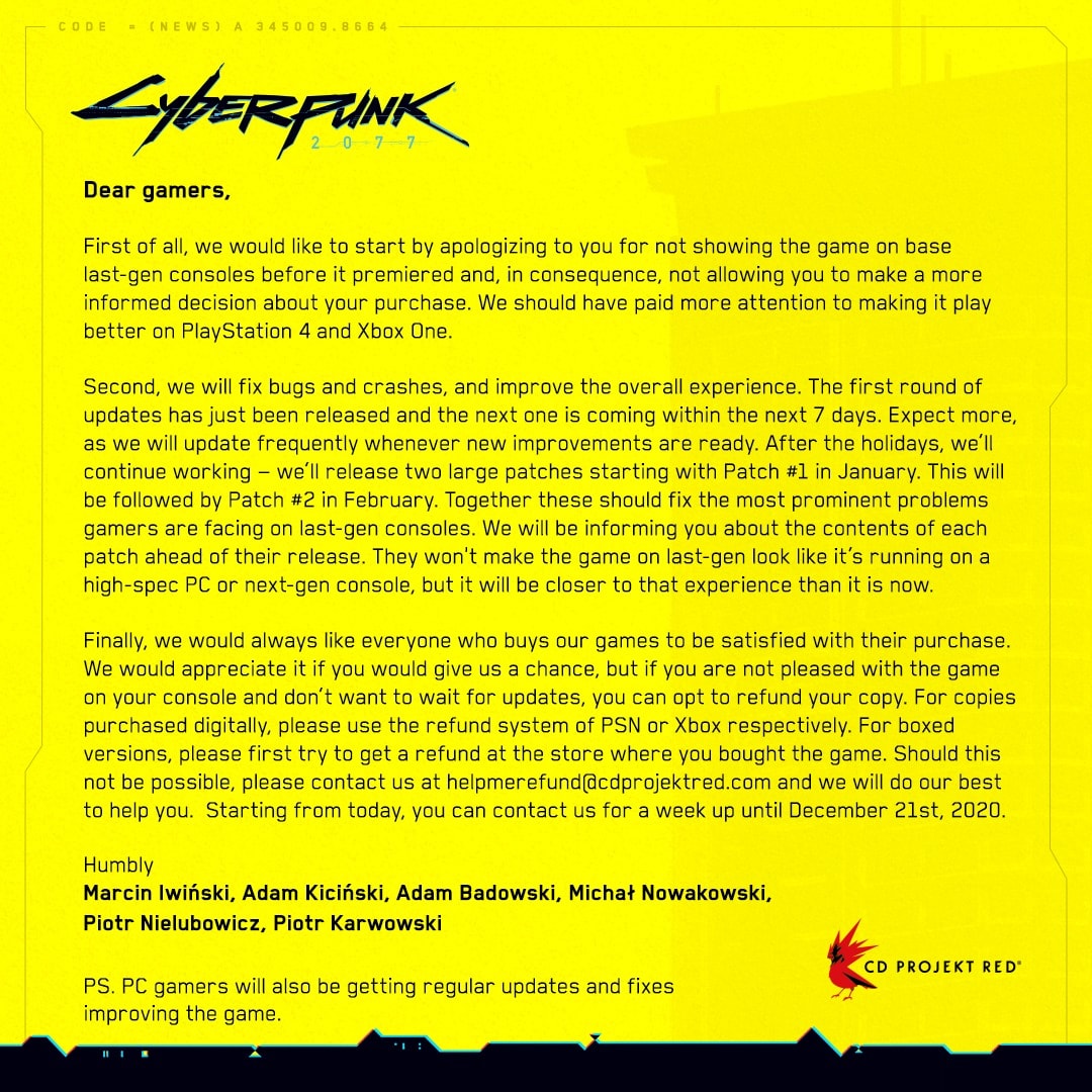 CD Projekt RED Cyberpunk 2077 statement