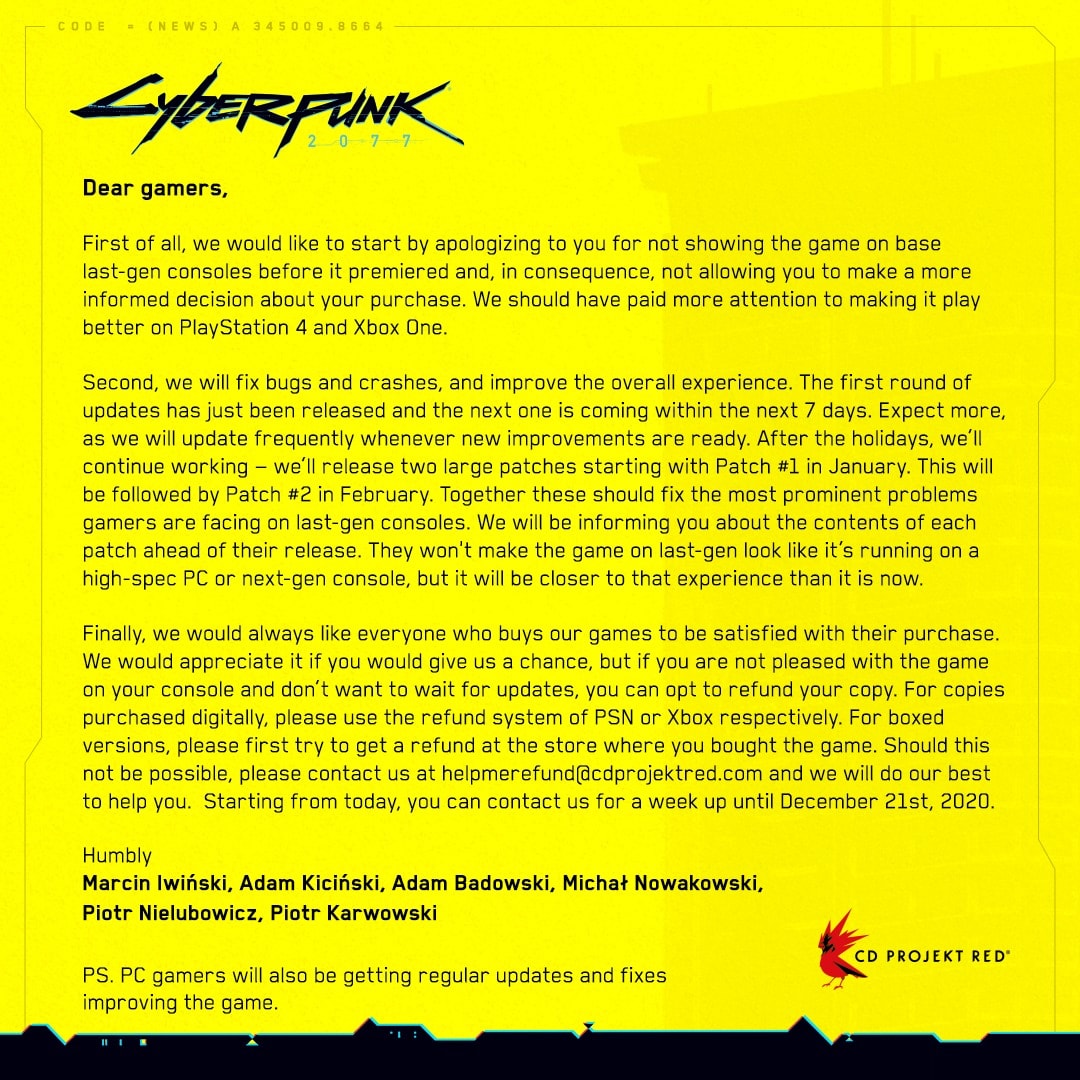  CD Projekt RED Cyberpunk 2077 statement