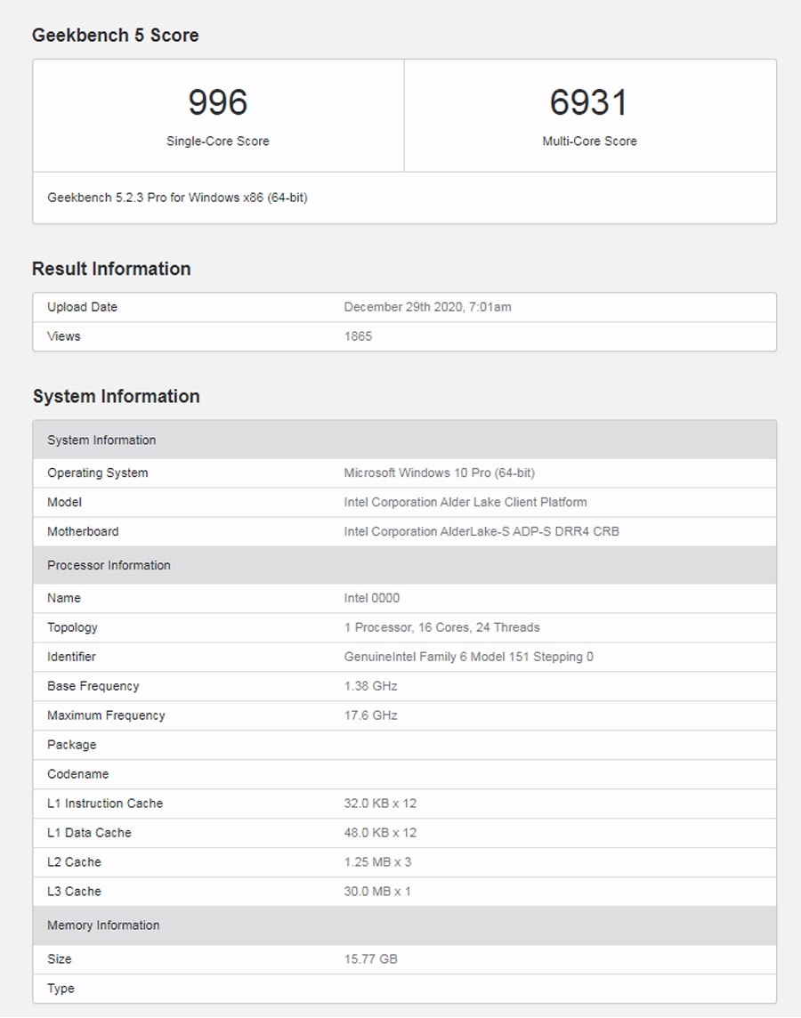 Intel Alder Lake-S CPU Geekbench 5 score