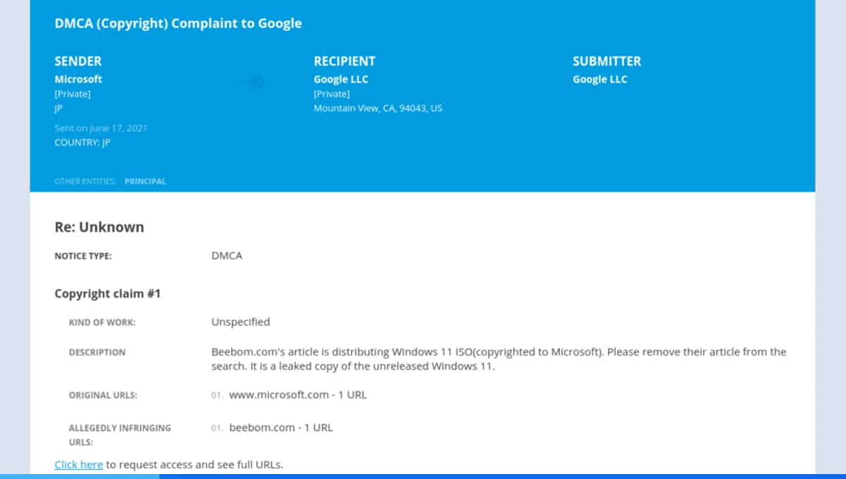 DMCA takedown sharing Windows 11 ISO