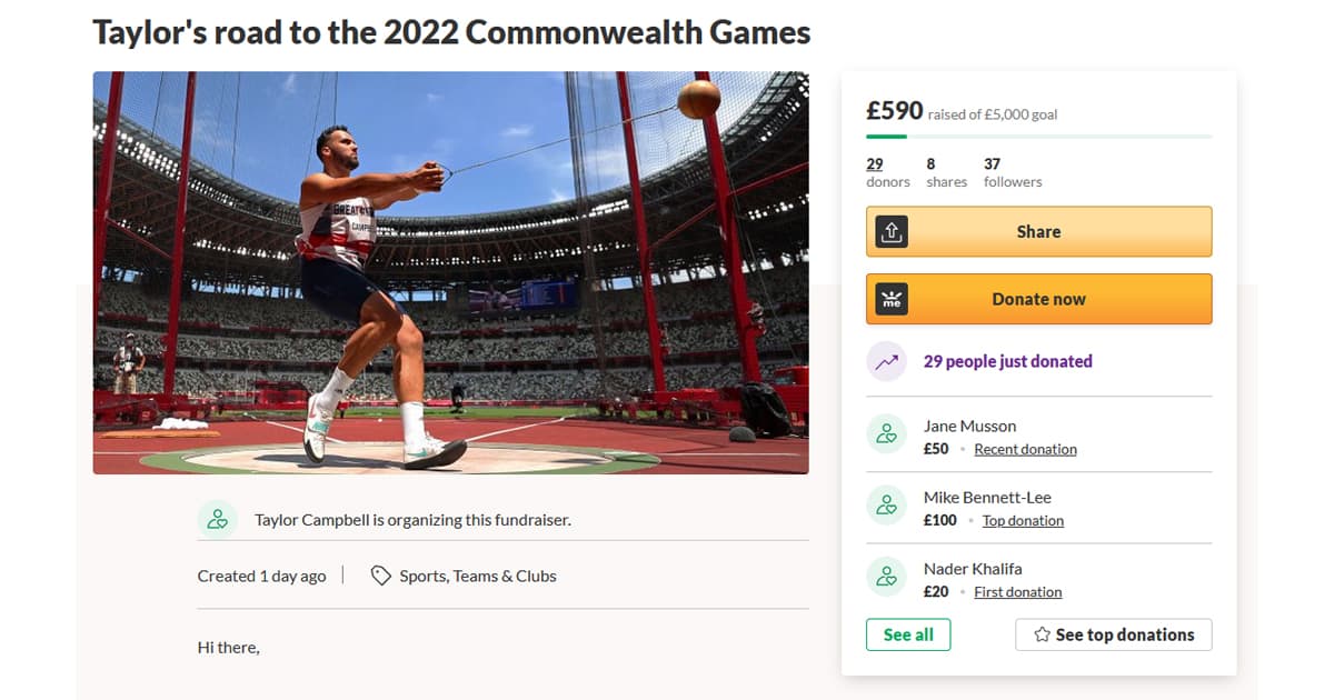 gofundme Taylor's road to the 2022 Commonwealth Games
