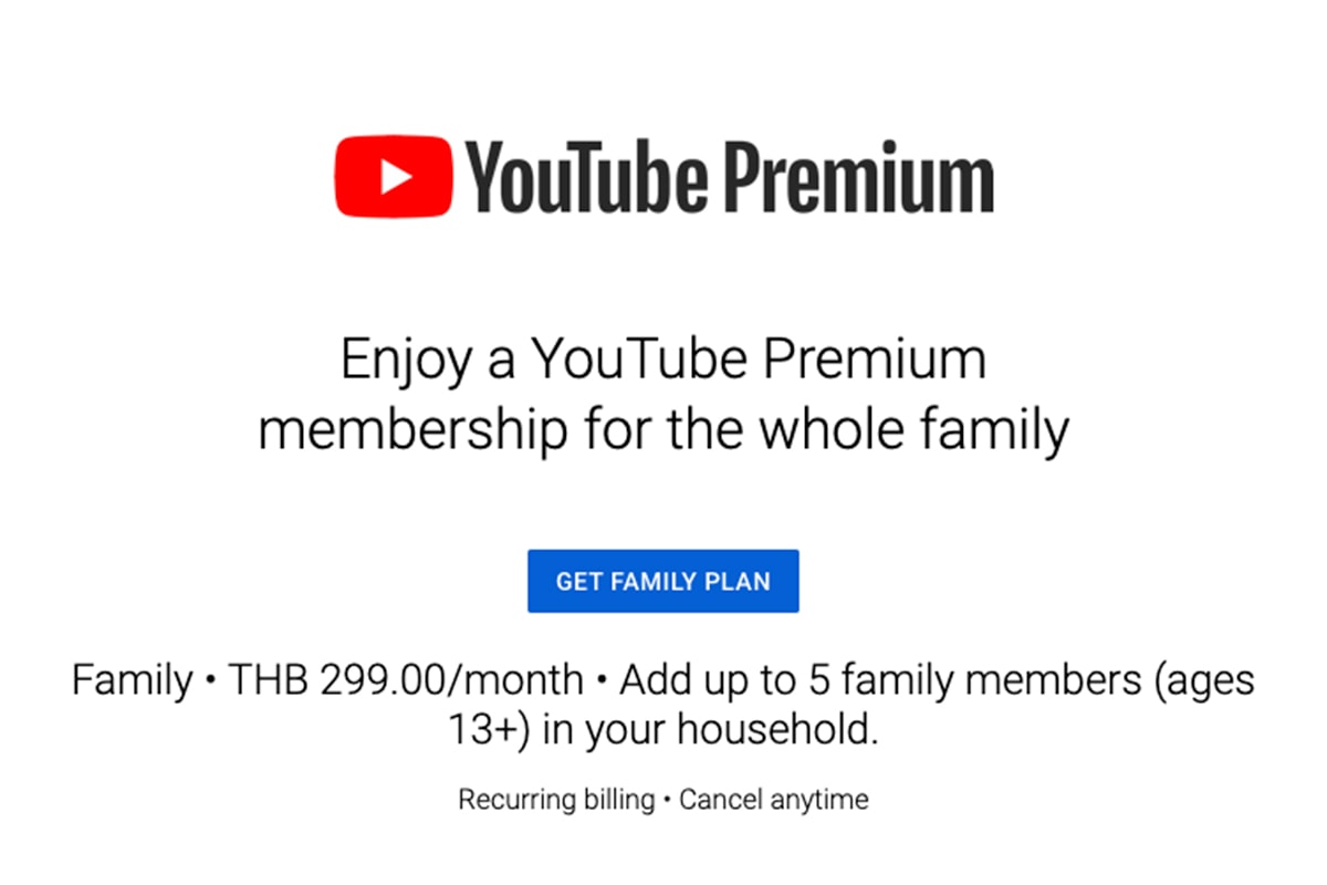 YouTube Premium family ราคา