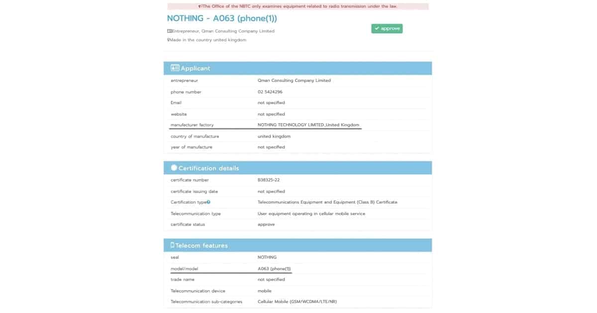 Nothing Phone (1) on NBTC Database