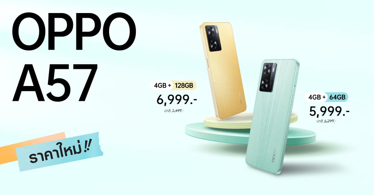  OPPO A57 สมาร์ตโฟนสุดคุ้ม ตอบโจทย์ประสิทธิภาพการใช้งานได้ไหลลื่นไม่มีสะดุด ประกาศปรับ ราคาใหม่ เริ่มต้นเพียง 5,999 บาท