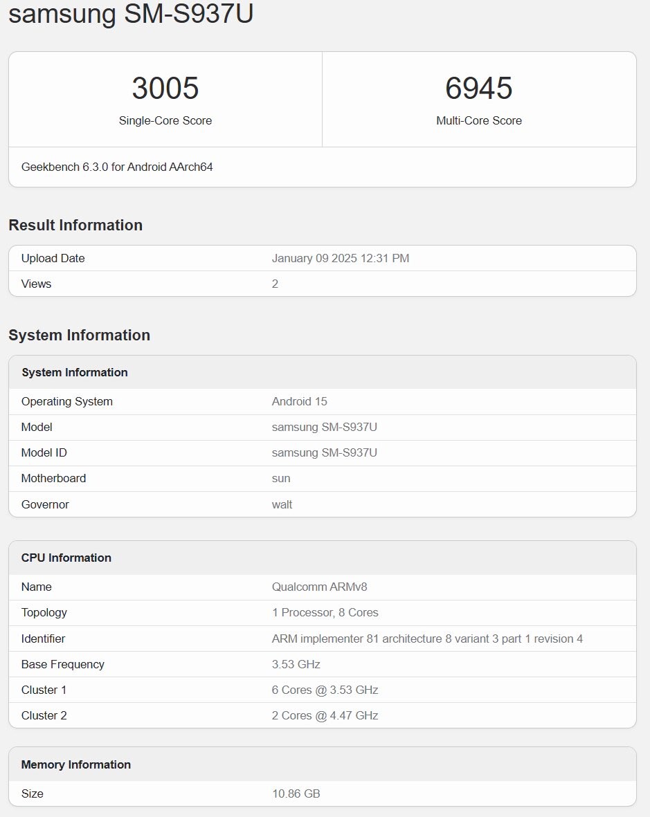 Galaxy S25 Slim Geekbench