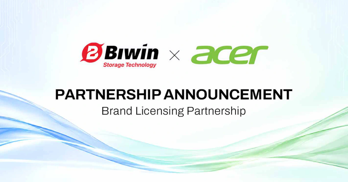 โลโก้ Biwin และ Acer พร้อมข้อความ Partnership Announcement และ Brand Licensing Partnership บนพื้นสีขาวและเส้นโค้งฟ้ากับเขียว